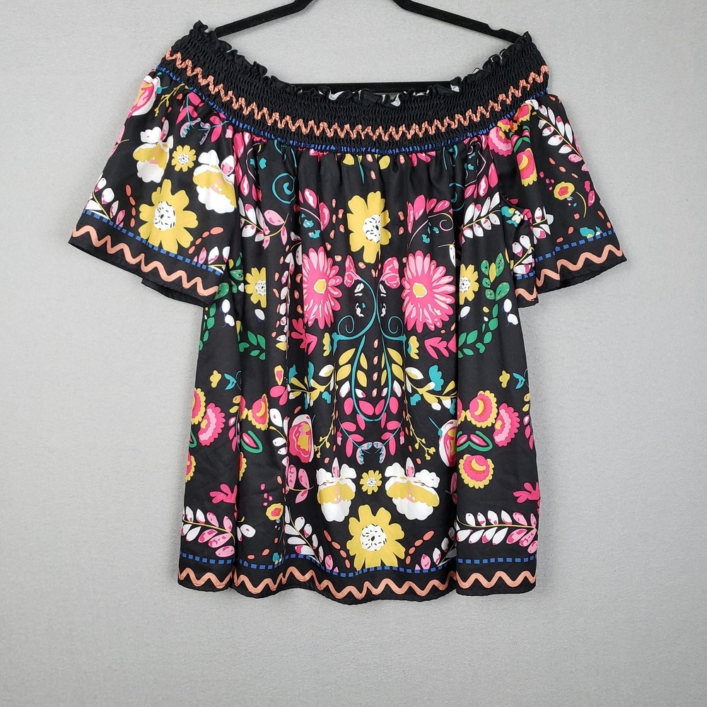 Smocked Off Shoulder Peasant Top Black Pink Mixed Floral Bold Maximalist Size 2X